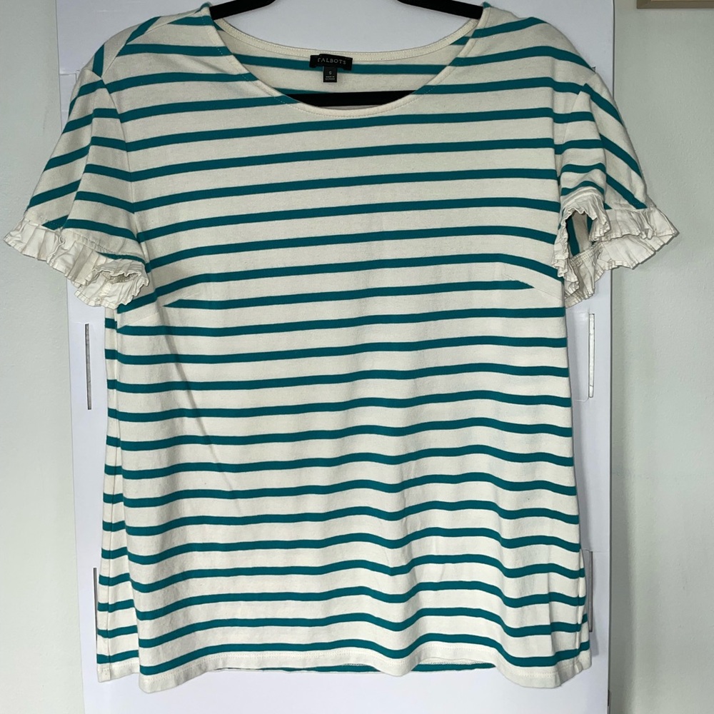 Talbots blue and white stripes ruffled sleeve size small